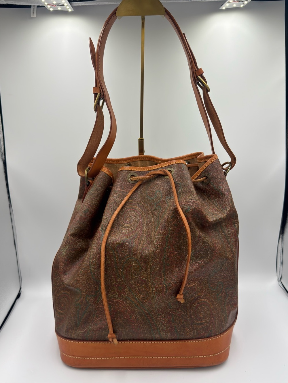 Etro Brown Paisley Jacquard Drawstring Bucket Shoulder Bag